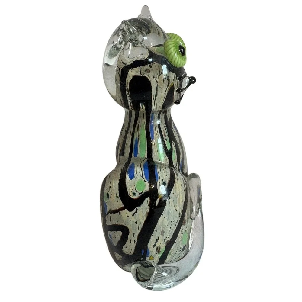 GCA Art Glass Cat Figurine Multicolor Confetti Swirl Green Eyes 6.5
